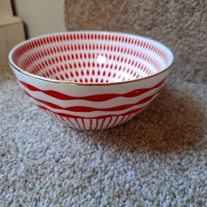 The Old Pottery Company Red/White Bowl with gold rim 6"